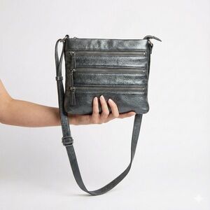 DANIER Grey Genuine Leather Crossbody Multi Zipper Pockets Key Lanyard